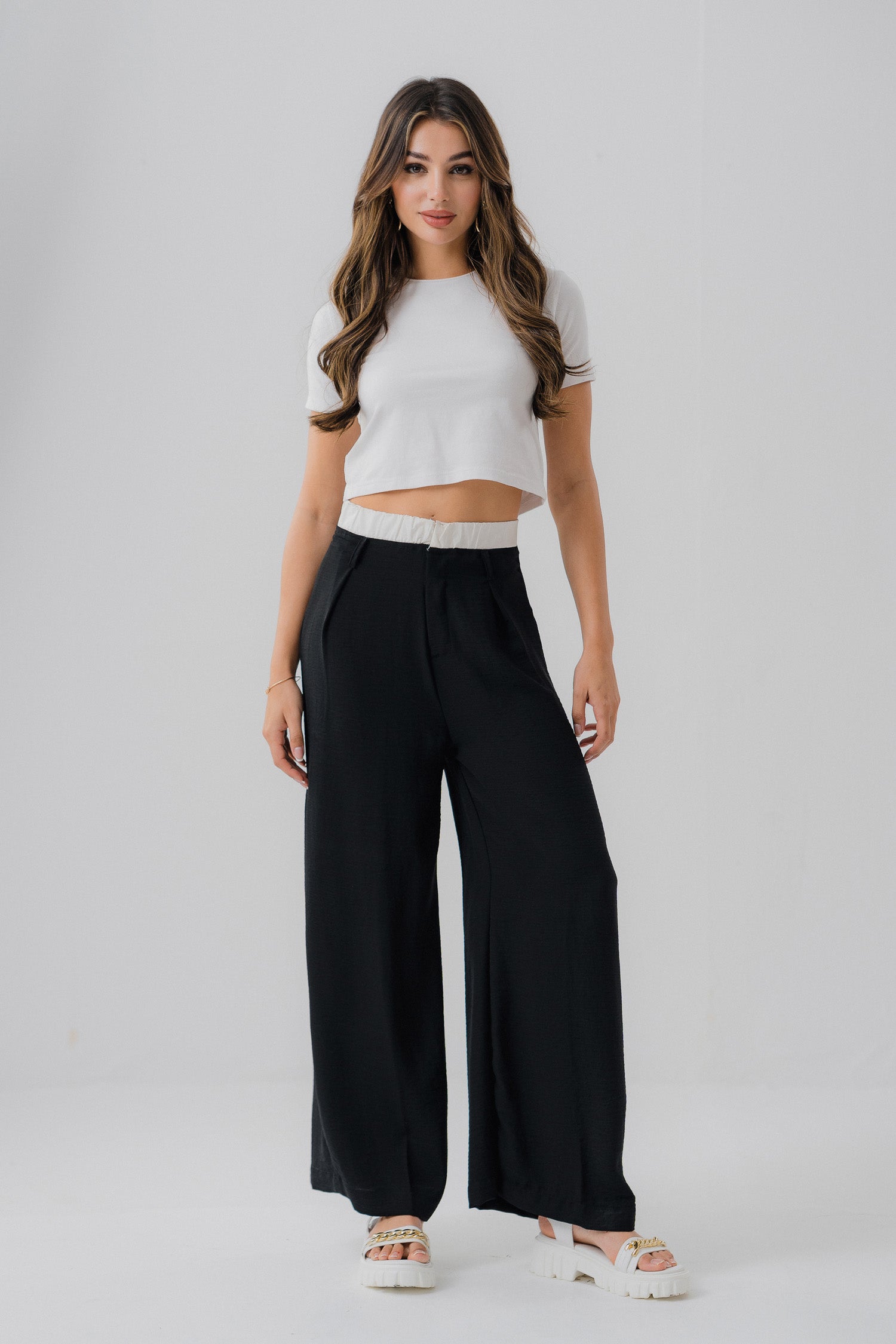 Wide Leg Contrast Waistband Trouser