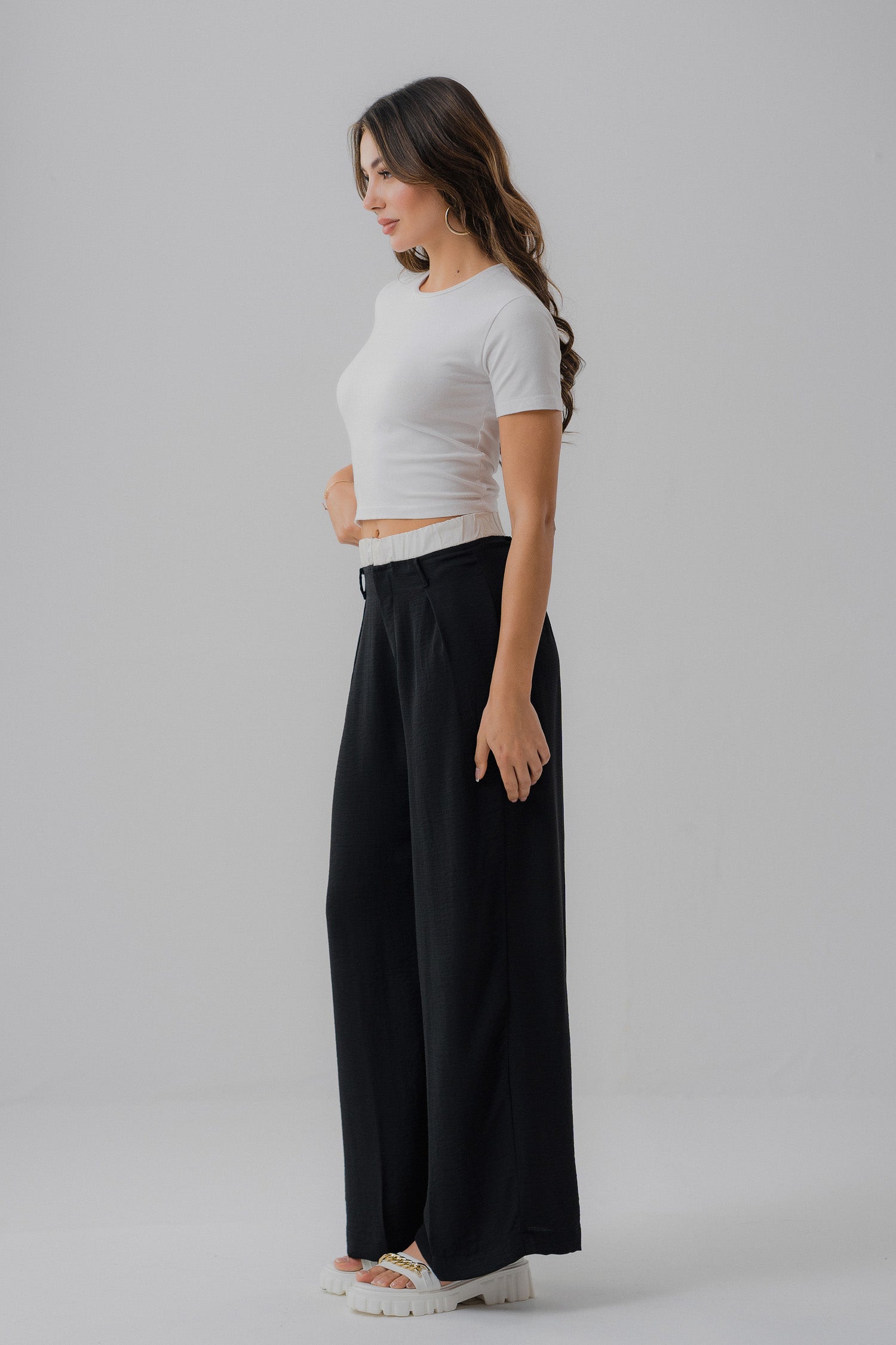 Wide Leg Contrast Waistband Trouser