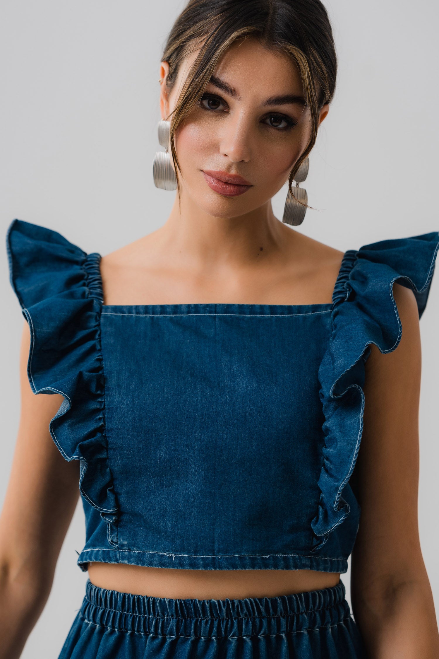 Ruffle Detail Chambray Crop Top