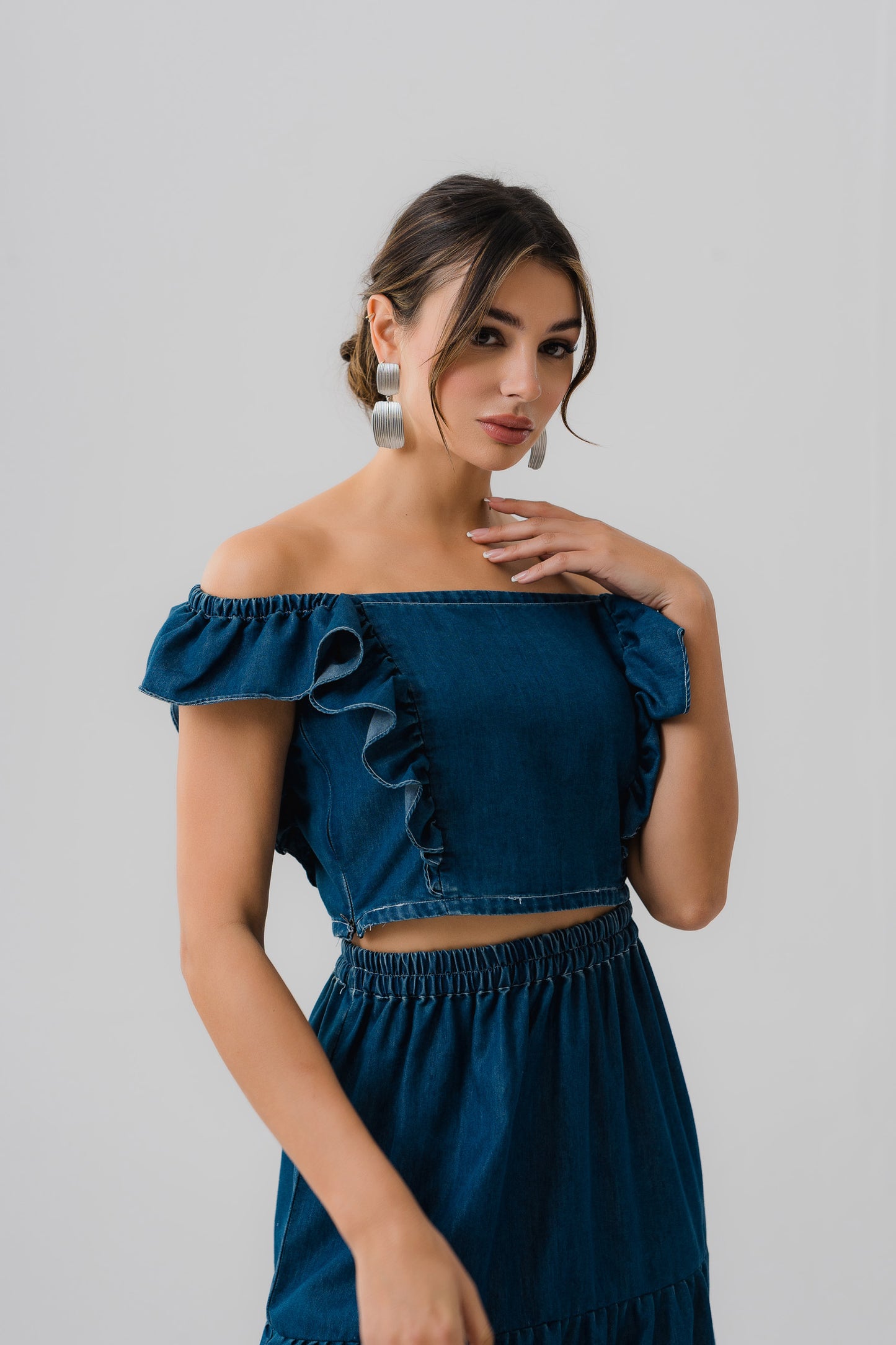 Ruffle Detail Chambray Crop Top