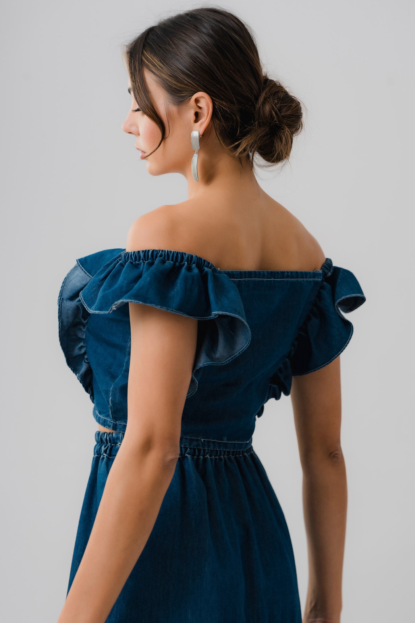 Ruffle Detail Chambray Crop Top