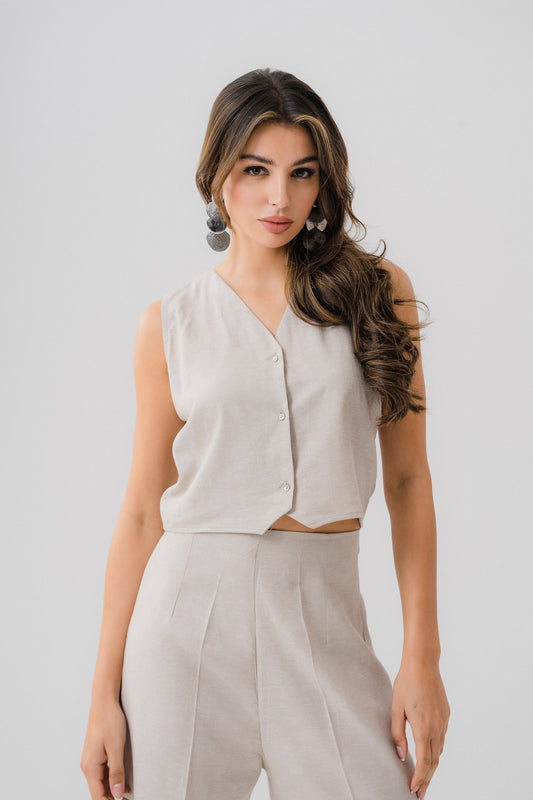 Light Beige V-Neck Sleeveless Top