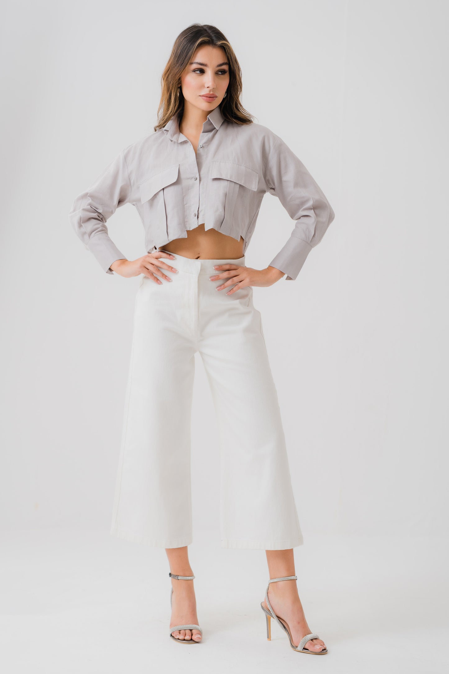 Grey Linen Cropped Shirt