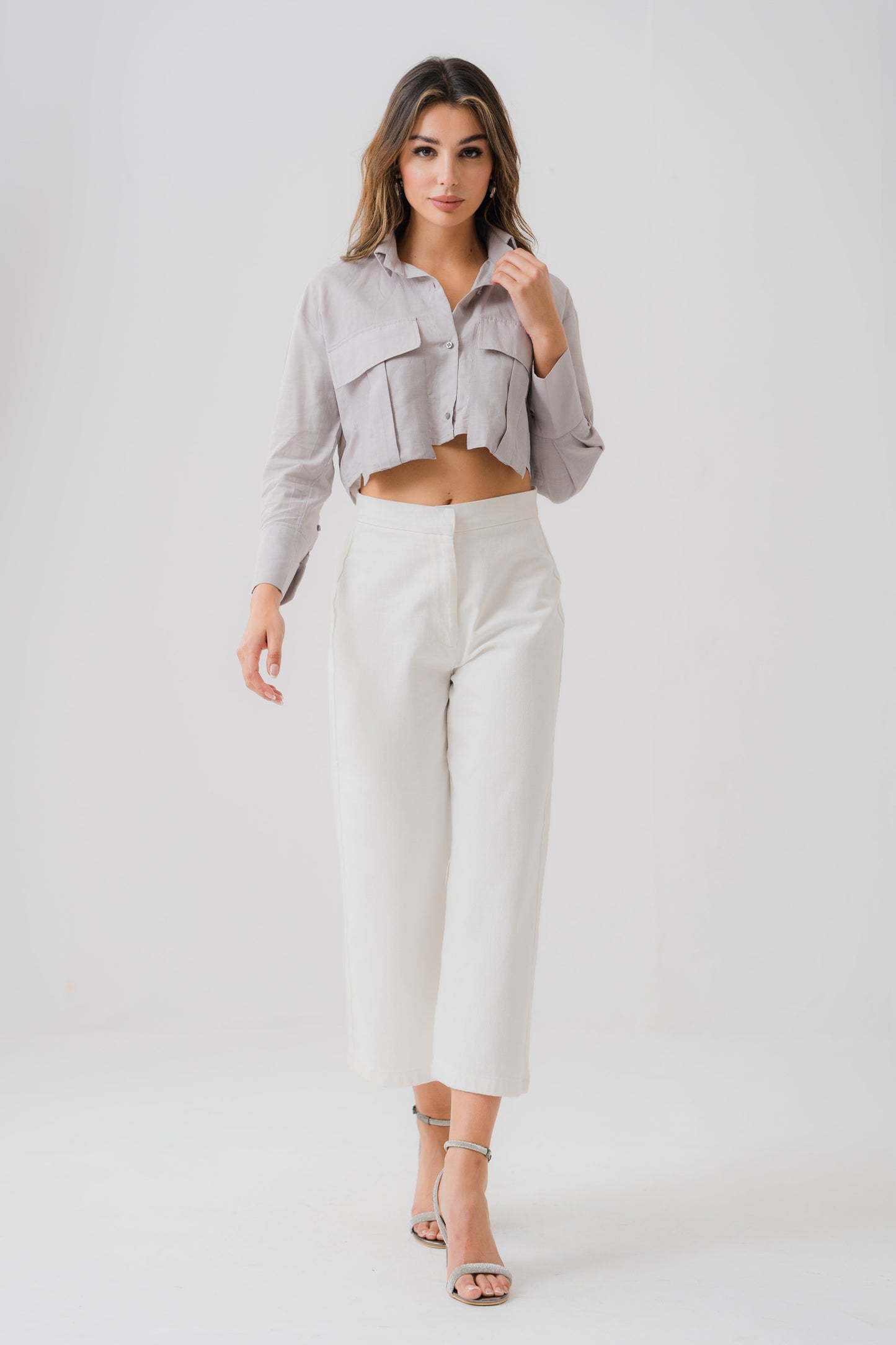 Grey Linen Cropped Shirt