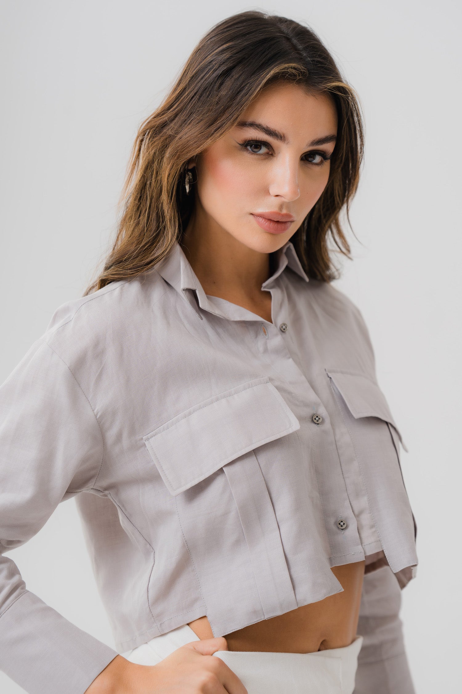 Grey Linen Cropped Shirt