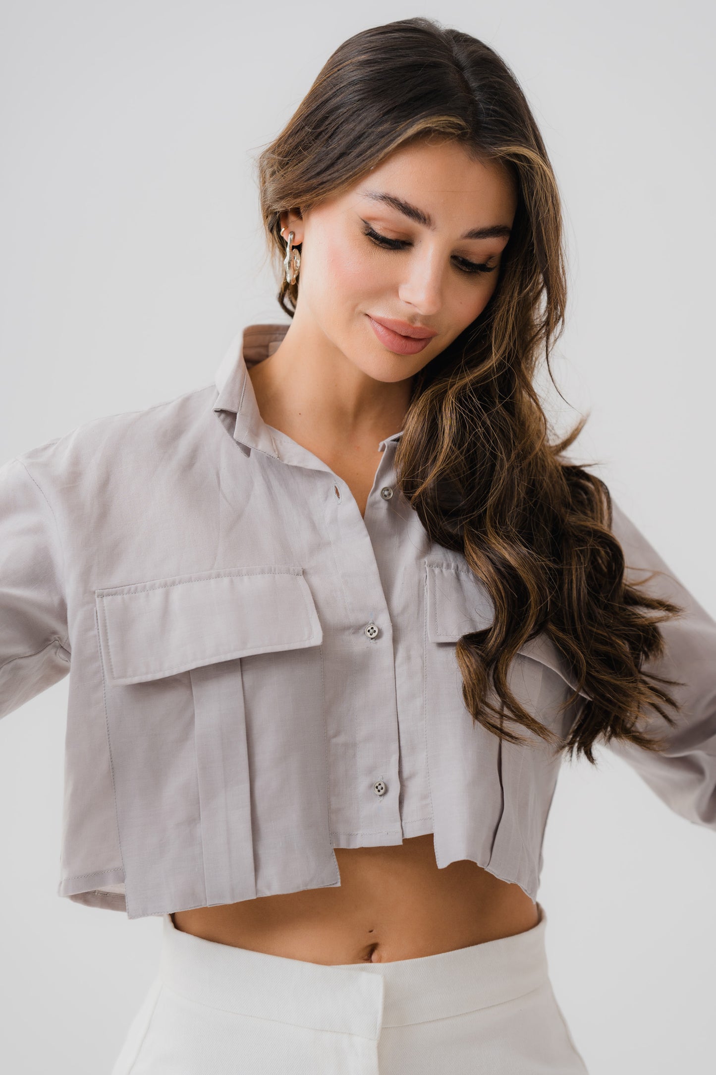 Grey Linen Cropped Shirt