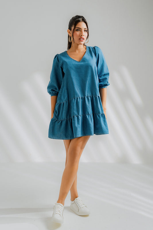 Tiered Chambray Midi Dress