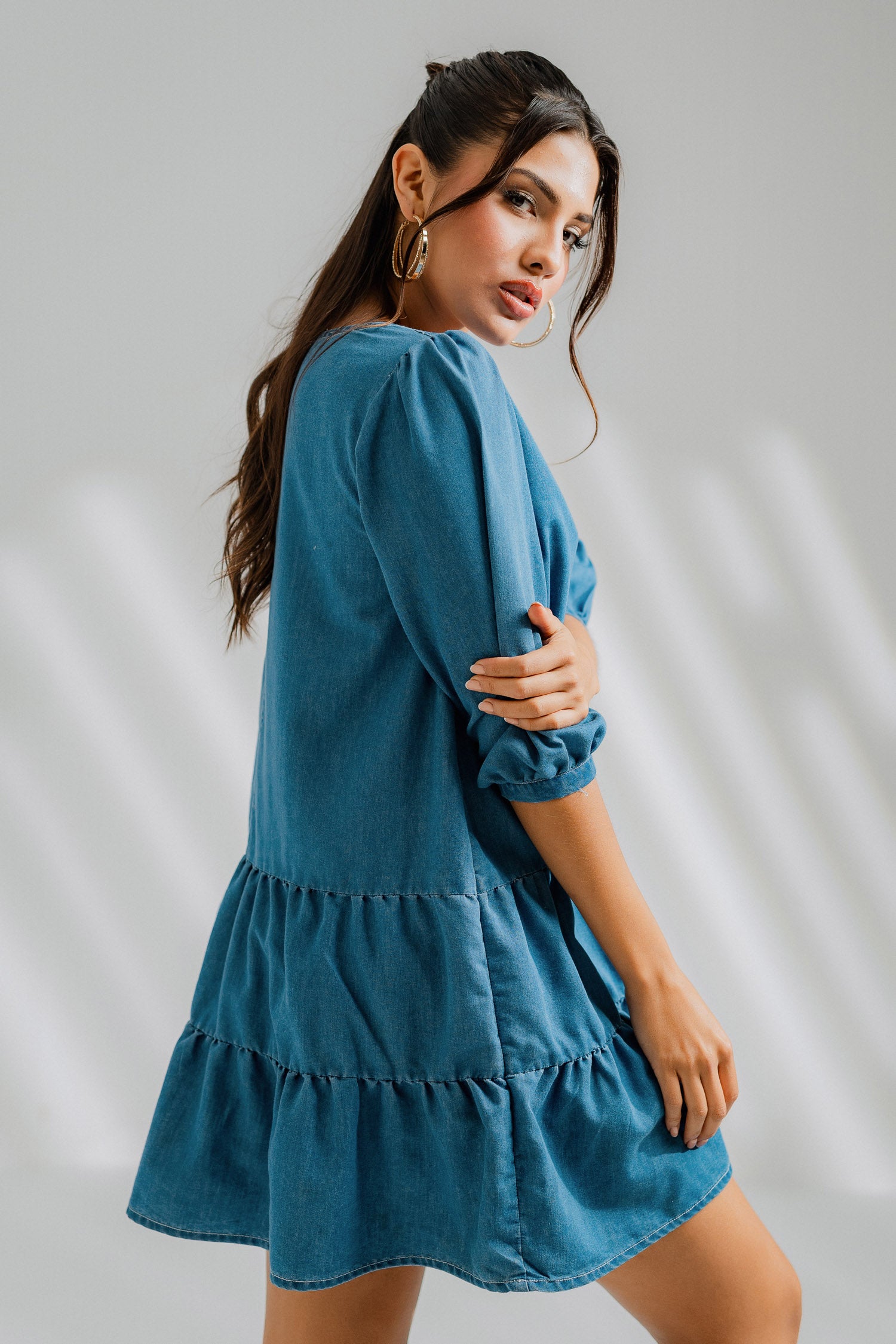 Tiered Chambray Midi Dress