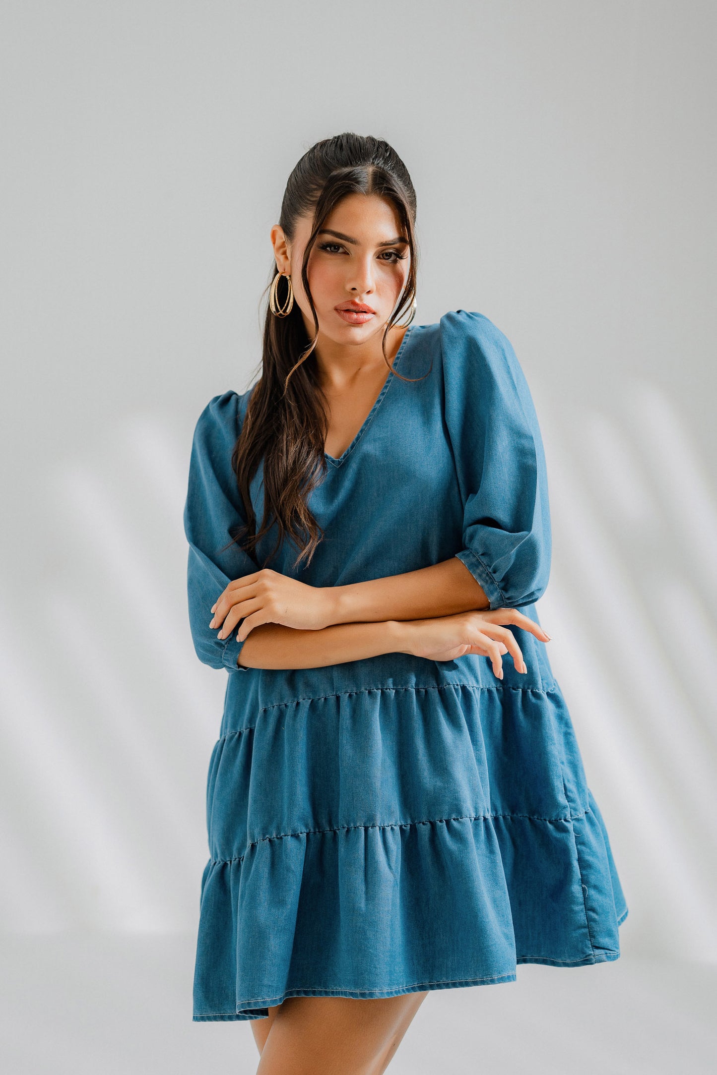 Tiered Chambray Midi Dress